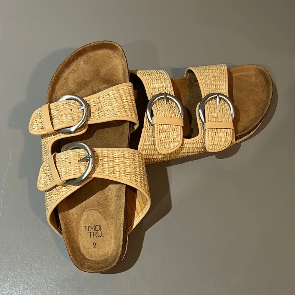 Time and Tru Beige Double Buckle Sandals